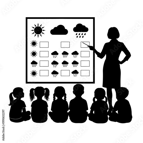 Woman teaching children weather forecast.
