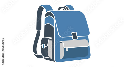 A blue backpack with two side pockets and a front flap closure