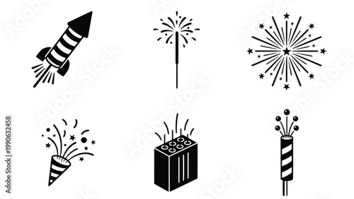 Minimalist Black & White Fireworks Icons Set: Rocket, Sparkler, Party Popper & Explosions for Celebrations