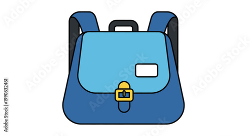 A blue and light blue backpack with a yellow buckle and a white rectangle