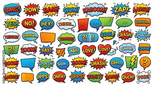 A vibrant collection of comic book style speech bubbles and sound effects with various exclamations and empty talk balloons.
