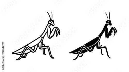 Praying Mantis Insect Line Art and Silhouette Icon Set