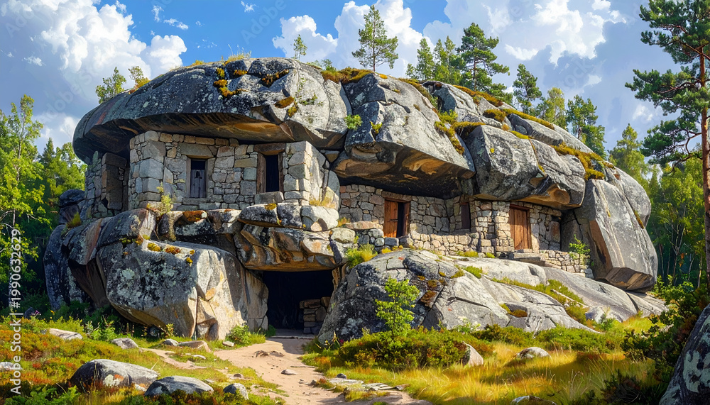 Fototapeta premium Ancient Rock Fortress Carved into a Mountainous Landscape.