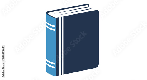 A closed, standing book with a navy cover and blue spine with white bands