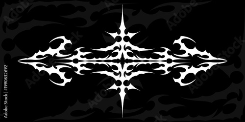 Symmetrical white cyber sigilism graphic on black. Sharp tribal spiky element for Y2K streetwear, gothic tattoos, and hardcore aesthetic. Modern vector ornament for dark alternative design.