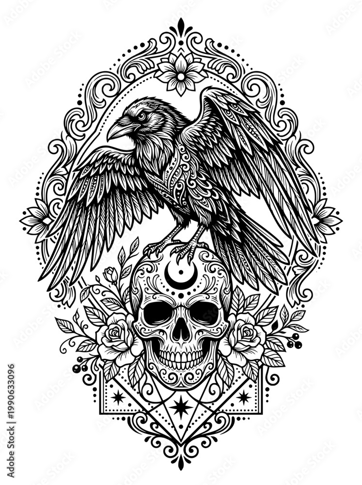Fototapeta premium Detailed black and white illustration of a raven perched on a skull adorned with a crescent moon
