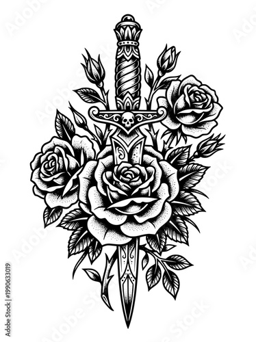A black and white vector illustration featuring a dagger piercing through roses with skulls