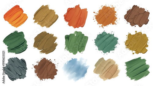 Bold Earthy Tone Paint Swatches and Brush Strokes in Terracotta Green Brown and Mustard Colors for Organic Brand Identity and Texture Design Elements