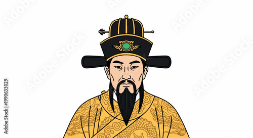 Ancient Chinese imperial portrait of a dignified noble in a yellow robe with ceremonial hat, a regal figure