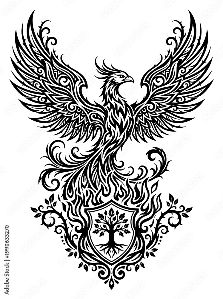 Fototapeta premium Stylized black phoenix bird with outstretched wings above a shield featuring a tree of life. Ornate