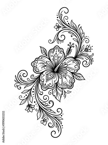 A detailed black ink illustration of a hibiscus flower with intricate patterns, surrounded by