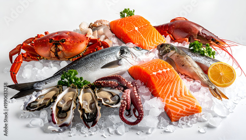 Assortment of Fresh Seafood and Fish on Ice.