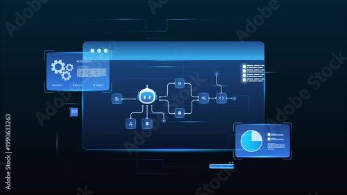 Futuristic AI workflow automation system dashboard with ai agent and data flow network interface, looped animation