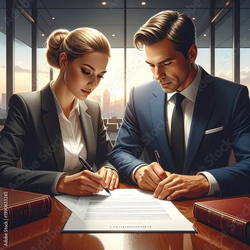 A professional man and woman intently review and sign a legal document in a modern office setting.