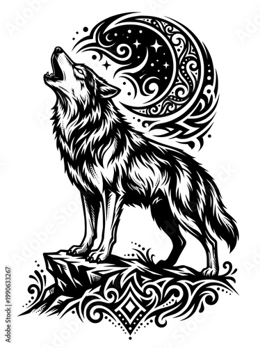 Detailed black and white tribal art tattoo design featuring a wolf howling at a decorative moon