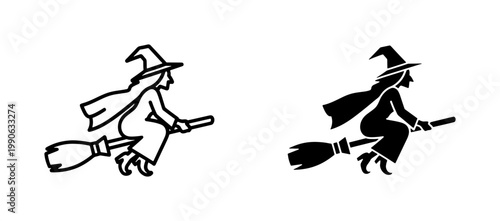 Quadro su tela Witch flying on broomstick silhouette and outline icons