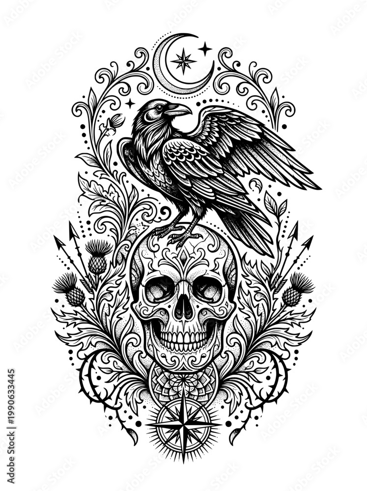 Fototapeta premium Black and white highly detailed illustration featuring a raven atop an ornate skull surrounded by