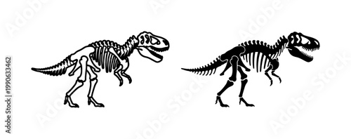 Tyrannosaurus Rex Skeleton Silhouette and Line Art Illustration