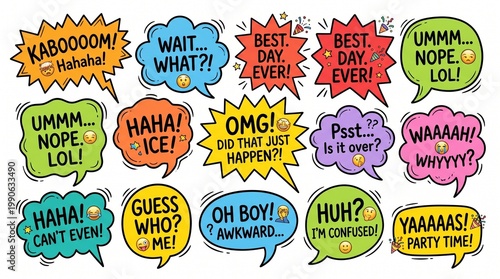 Colorful hand-drawn comic-style speech bubbles and thought clouds expressing various emotions and exclamations with emoji icons.