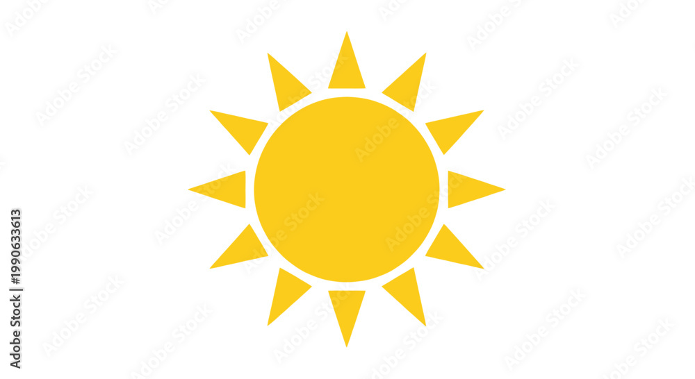 Fototapeta premium A bright yellow sun with pointed rays on a plain white background