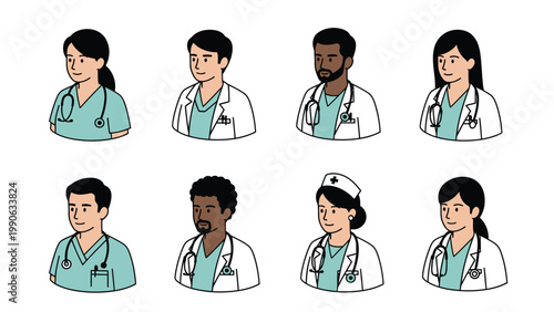 Diverse Healthcare Professionals Avatars Set: Doctors & Nurses Icons for Medical & Health Applications