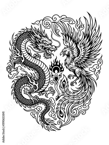 Detailed monochrome tattoo style illustration featuring a powerful dragon and a majestic phoenix in