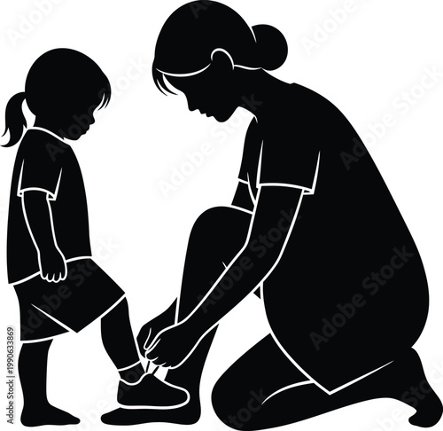 Loving Mother Kneeling To Tie Her Daughters Small Shoelaces Silhouette