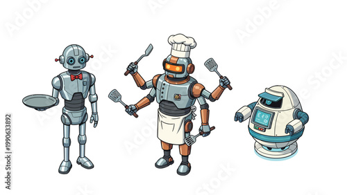 Cartoon Service Robots Collection: Waiter, Multi-Armed Chef, and Assistant Droid Illustrations
