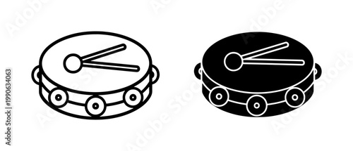 Tambourine musical instrument icon set with drumsticks
