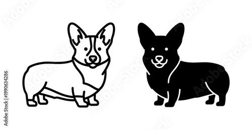 Corgi Dog Silhouette and Line Art Icon Set