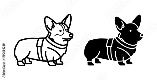 Corgi Dog Line Art and Black Silhouette Vector Icons