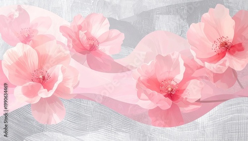 A vibrant and artistic composition showcases delicate pink flowers gracefully intertwined with flowing, translucent ribbons against a textured gray background.