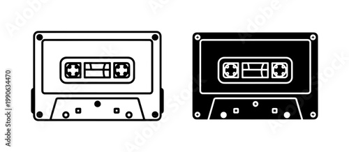 Retro Audio Cassette Tape Line and Silhouette Icon Set