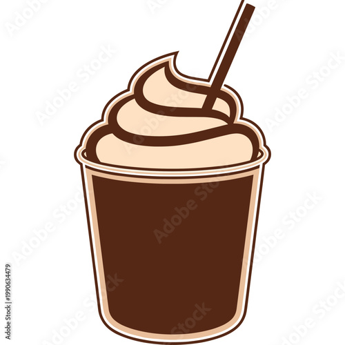A cold chocolate milkshake with whipped cream and a straw is served in a cup.