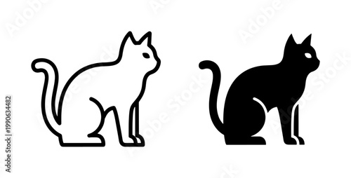 Minimalist Sitting Cat Icon Set in Outline and Solid Style