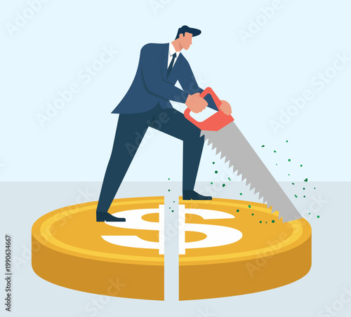 Businessman cutting giant golden dollar coin in half with a saw, Budget Cut, Profit Sharing, Cost Reduction, Financial Division, Asset Splitting