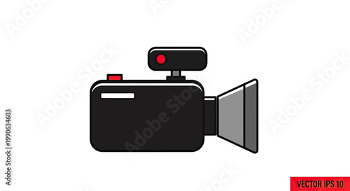 Simple flat design of a black camcorder with a red record button and lens
