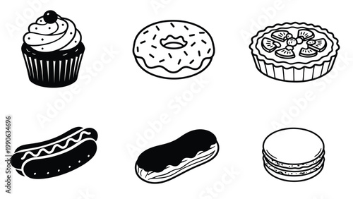 Sweet and Savory Food Icons Collection: Dessert & Snack Line Art Illustrations