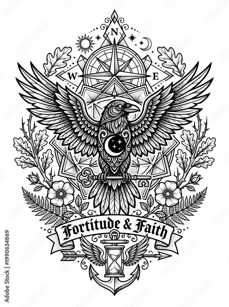 Fototapeta premium Detailed black and white illustration of a raven with spread wings surrounded by compass rose