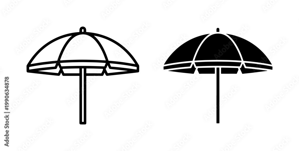 Fototapeta premium Beach umbrella icon set in outline and solid black style
