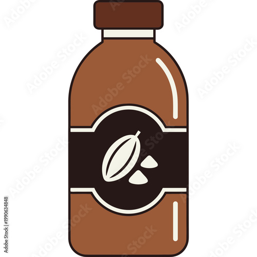 An illustration shows a brown bottle with a label featuring a cocoa bean on it.