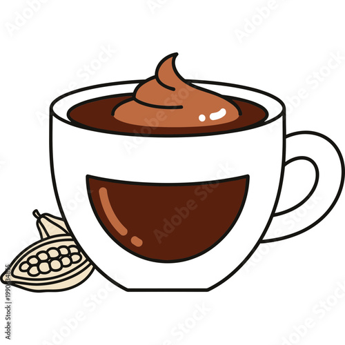 A steaming cup of coffee with whipped cream and a cocoa bean