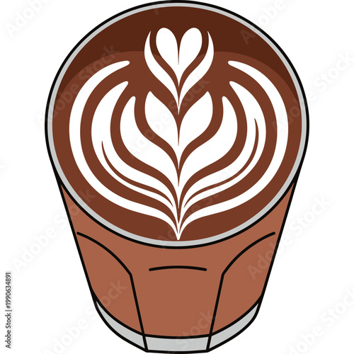 A warm cup of coffee with leaf design on top is served hot