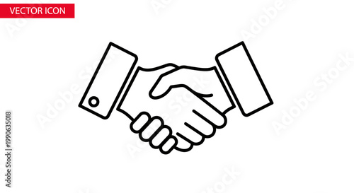 Black outline of two hands shaking against a white background