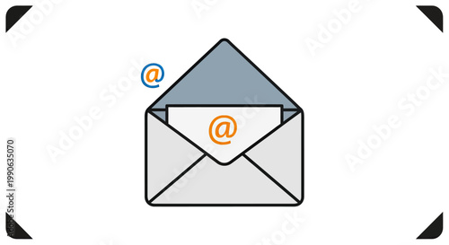 An open envelope with an at symbol on a card inside and another symbol outside