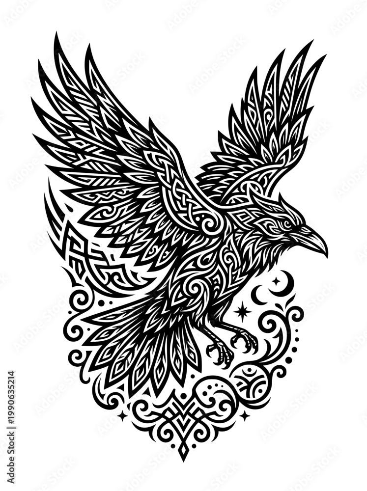 Fototapeta premium A highly detailed black and white illustration of a raven in flight, adorned with intricate Celtic