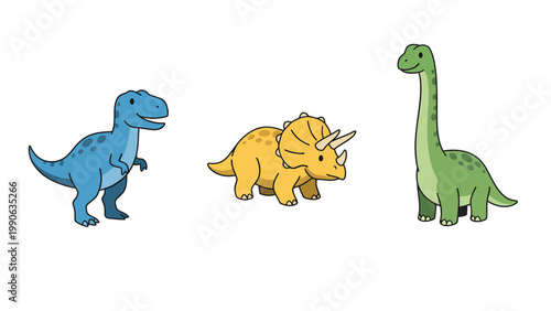 Cute Cartoon Dinosaurs Set: T-Rex, Triceratops, Brachiosaurus Illustrations for Children
