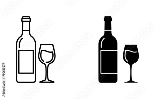 Wine bottle and glass outline silhouette icons set