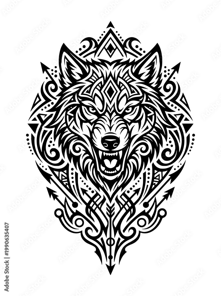 Fototapeta premium Intricate tribal wolf head with ornate black and white patterns symmetric design on a white