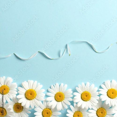 A delicate arrangement of daisies graces a serene light blue background, creating a peaceful and inviting composition.